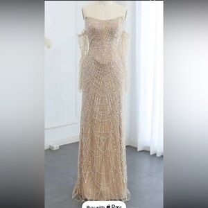 Champagne sequin and beaded strapless gown